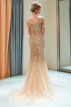 Luxury Off-the-shoulder V-neck Floor Length Sequins Evening Dress by misshow.com