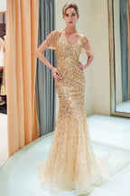 Luxury Off-the-shoulder V-neck Floor Length Sequins Evening Dress by misshow.com