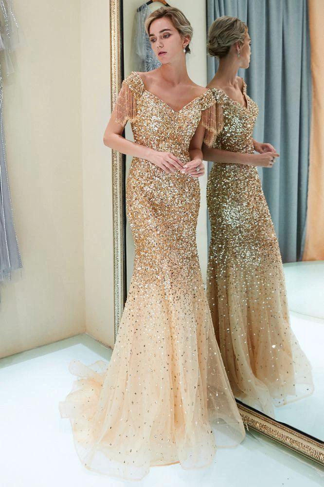 Luxury Off-the-shoulder V-neck Floor Length Sequins Evening Dress by misshow.com