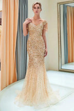 Luxury Off-the-shoulder V-neck Floor Length Sequins Evening Dress by misshow.com