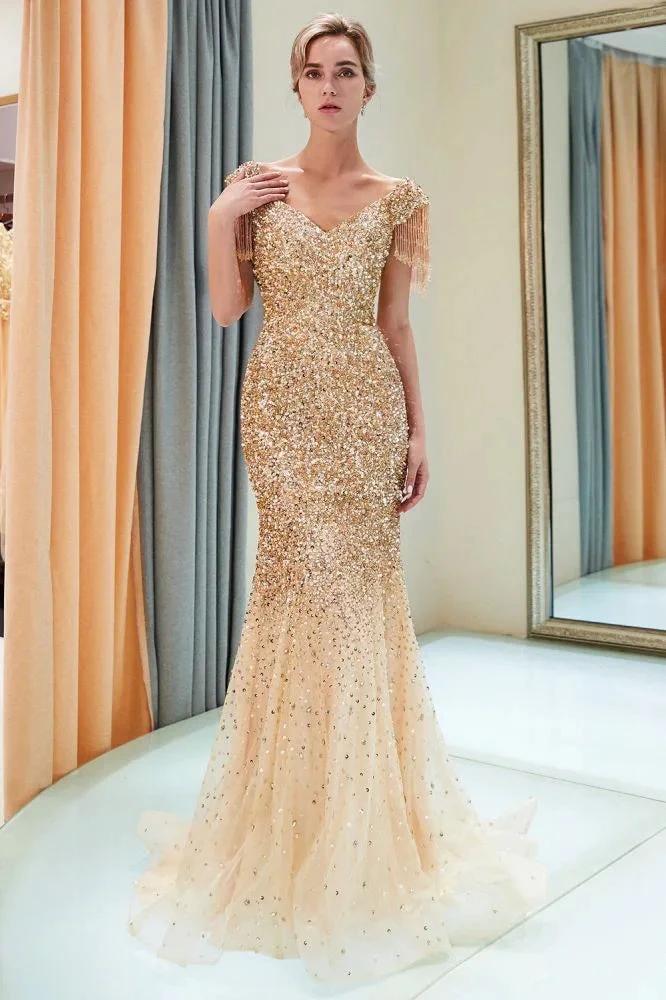 Luxury Off-the-shoulder V-neck Floor Length Sequins Evening Dress by misshow.com