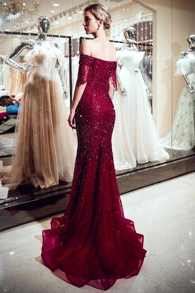 Luxury Off-the-shoulder V-neck Floor Length Sequins Evening Dress by misshow.com