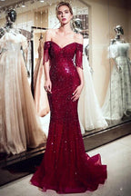 Luxury Off-the-shoulder V-neck Floor Length Sequins Evening Dress by misshow.com