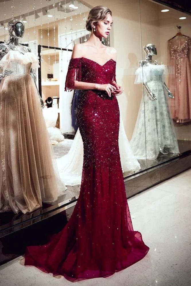 Luxury Off-the-shoulder V-neck Floor Length Sequins Evening Dress by misshow.com