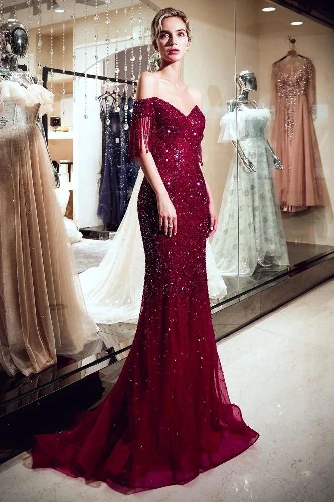 Luxury Off-the-shoulder V-neck Floor Length Sequins Evening Dress by misshow.com