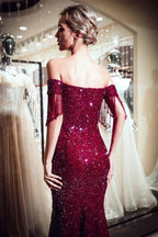 Luxury Off-the-shoulder V-neck Floor Length Sequins Evening Dress by misshow.com