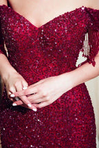 Luxury Off-the-shoulder V-neck Floor Length Sequins Evening Dress by misshow.com