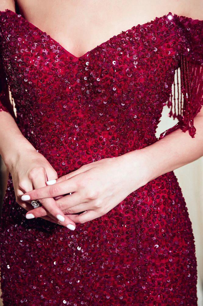 Luxury Off-the-shoulder V-neck Floor Length Sequins Evening Dress by misshow.com