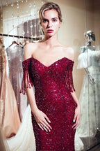 Luxury Off-the-shoulder V-neck Floor Length Sequins Evening Dress by misshow.com