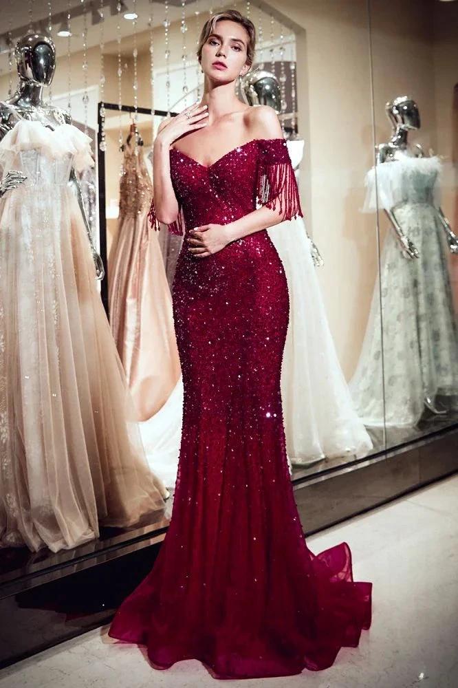 Luxury Off-the-shoulder V-neck Floor Length Sequins Evening Dress by misshow.com