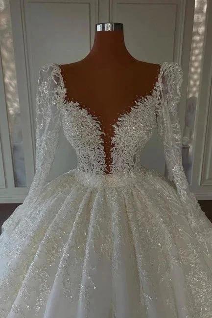 Luxury Princess A-line V-neck Lace Wedding Dresses With Long Sleeves by misshow.com