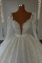 Luxury Princess A-line V-neck Lace Wedding Dresses With Long Sleeves by misshow.com