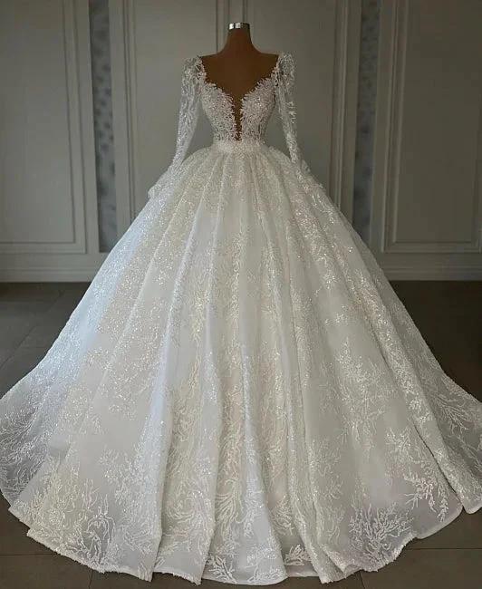 Luxury Princess A-line V-neck Lace Wedding Dresses With Long Sleeves by misshow.com