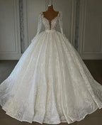 Luxury Princess A-line V-neck Lace Wedding Dresses With Long Sleeves by misshow.com