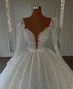 Luxury Princess A-line V-neck Lace Wedding Dresses With Long Sleeves by misshow.com