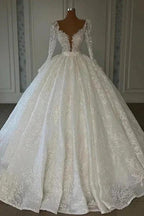 Luxury Princess A-line V-neck Lace Wedding Dresses With Long Sleeves by misshow.com