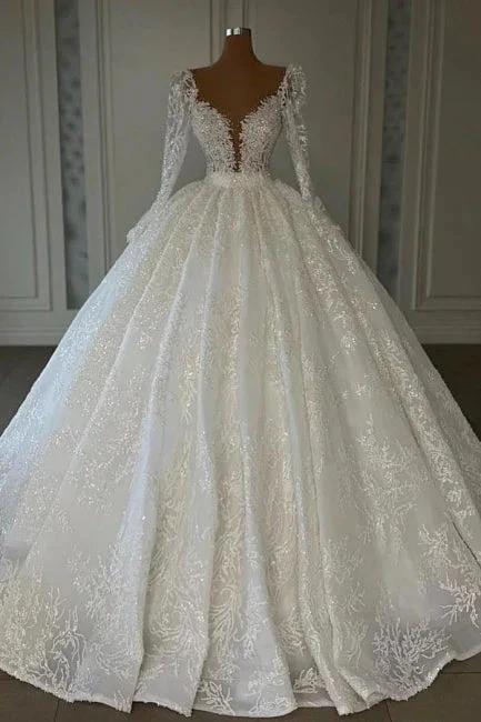 Luxury Princess A-line V-neck Lace Wedding Dresses With Long Sleeves by misshow.com