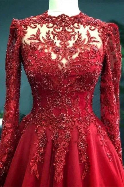 Luxury Red Evening Dresses With Sleeves Prom Dress with Lace by misshow.com