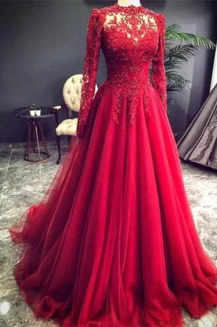 Luxury Red Evening Dresses With Sleeves Prom Dress with Lace by misshow.com