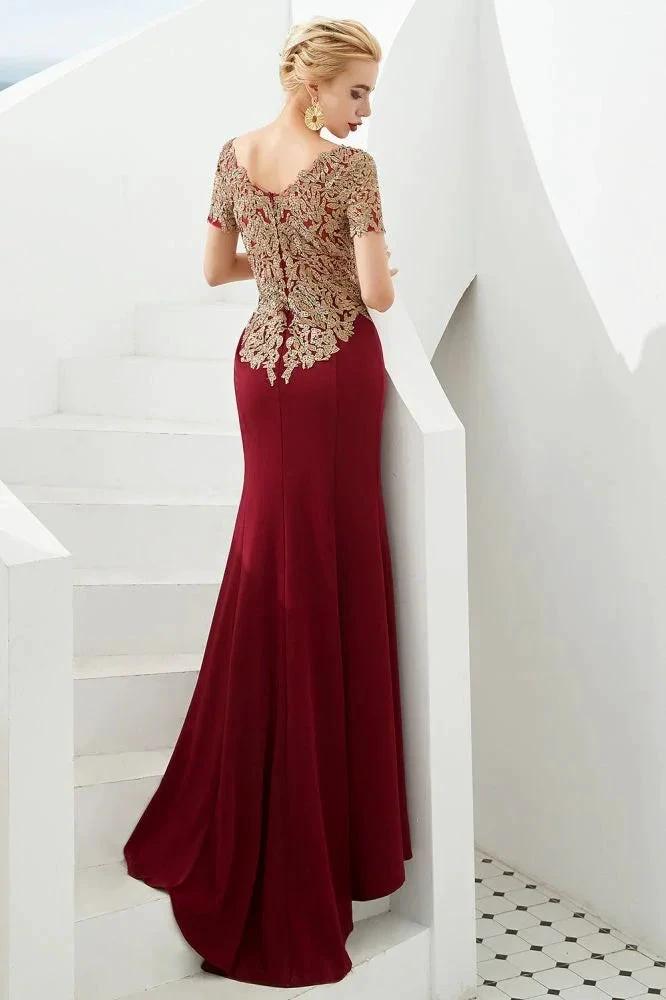Luxury Short Sleeves Gold Appliques Slim Mermaid Evening Party Dress Floor Length Formal Dress by misshow.com