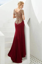 Luxury Short Sleeves Gold Appliques Slim Mermaid Evening Party Dress Floor Length Formal Dress by misshow.com