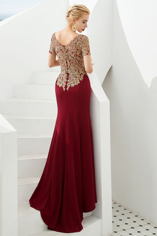 Vestido de fiesta de noche de sirena, de lujo, con mangas cortas y apliques dorados, largo hasta el suelo, vestido formal