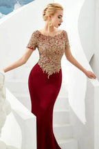 Luxury Short Sleeves Gold Appliques Slim Mermaid Evening Party Dress Floor Length Formal Dress by misshow.com