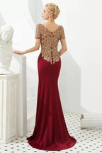 Luxury Short Sleeves Gold Appliques Slim Mermaid Evening Party Dress Floor Length Formal Dress by misshow.com