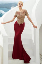 Luxury Short Sleeves Gold Appliques Slim Mermaid Evening Party Dress Floor Length Formal Dress by misshow.com