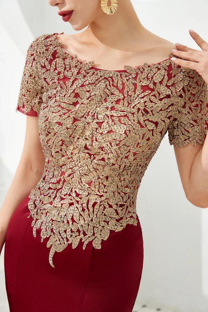 Luxury Short Sleeves Gold Appliques Slim Mermaid Evening Party Dress Floor Length Formal Dress by misshow.com