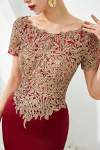 Luxury Short Sleeves Gold Appliques Slim Mermaid Evening Party Dress Floor Length Formal Dress by misshow.com