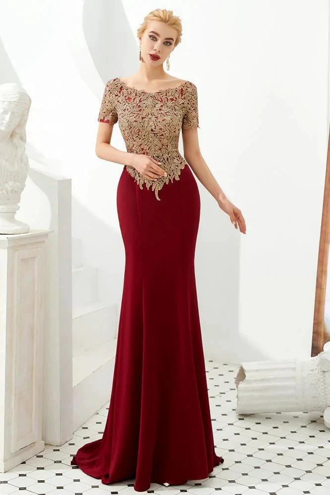 Luxury Short Sleeves Gold Appliques Slim Mermaid Evening Party Dress Floor Length Formal Dress by misshow.com