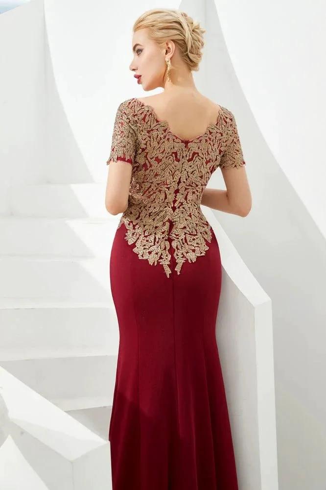 Luxury Short Sleeves Gold Appliques Slim Mermaid Evening Party Dress Floor Length Formal Dress by misshow.com
