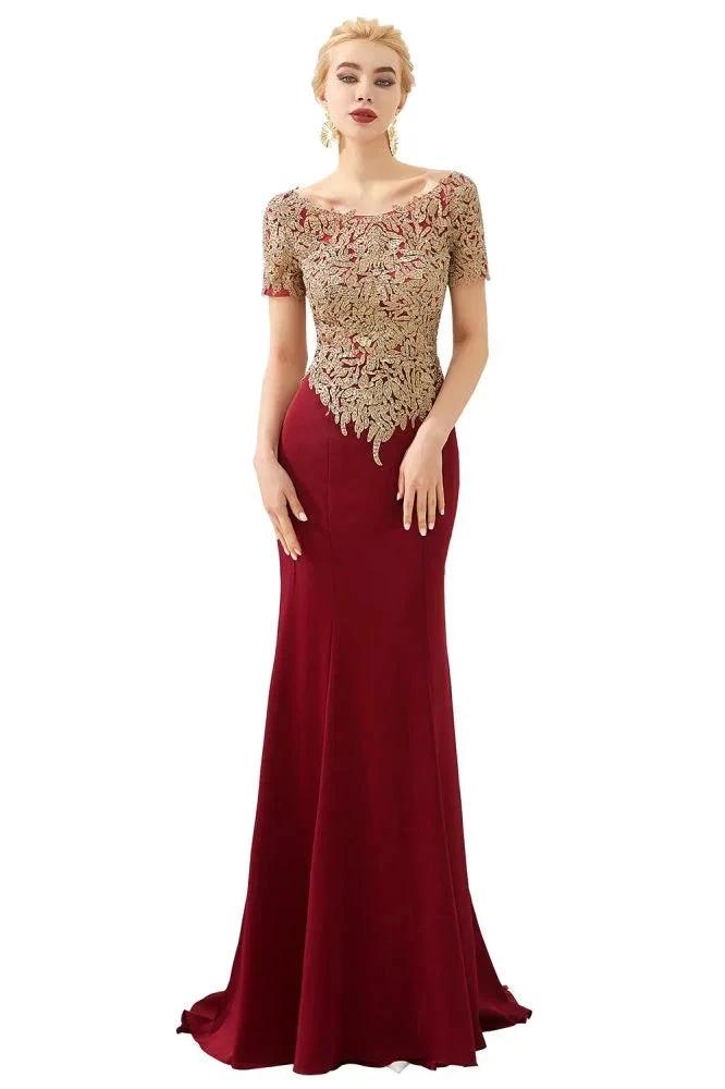 Luxury Short Sleeves Gold Appliques Slim Mermaid Evening Party Dress Floor Length Formal Dress by misshow.com
