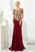 Luxury Short Sleeves Gold Appliques Slim Mermaid Evening Party Dress Floor Length Formal Dress by misshow.com
