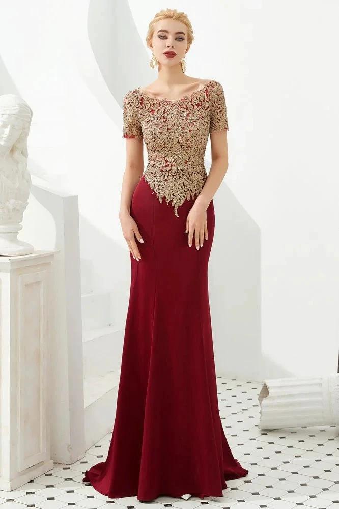 Luxury Short Sleeves Gold Appliques Slim Mermaid Evening Party Dress Floor Length Formal Dress by misshow.com