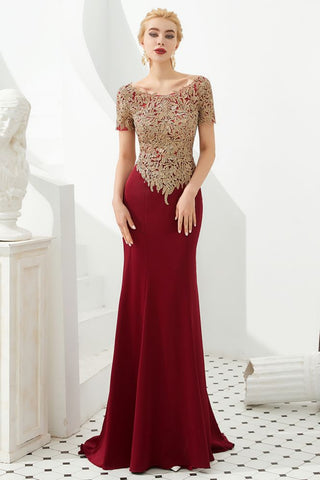 Vestido de fiesta de noche de sirena, de lujo, con mangas cortas y apliques dorados, largo hasta el suelo, vestido formal