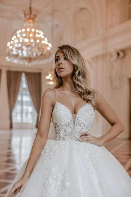 Luxury spaghetti straps sleeveless ball gown lace Wedding dress by misshow.com