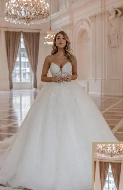 Luxury spaghetti straps sleeveless ball gown lace Wedding dress by misshow.com