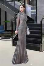 Luxury Sparkly beading High Neck Sheer Tulle Long Prom Dress by misshow.com
