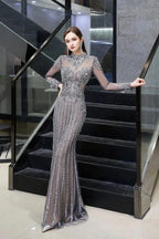 Luxury Sparkly beading High Neck Sheer Tulle Long Prom Dress by misshow.com