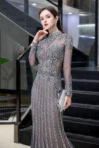 Luxury Sparkly beading High Neck Sheer Tulle Long Prom Dress by misshow.com