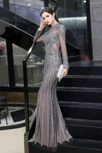 Luxury Sparkly beading High Neck Sheer Tulle Long Prom Dress by misshow.com