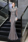 Luxury Sparkly beading High Neck Sheer Tulle Long Prom Dress by misshow.com