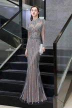 Luxury Sparkly beading High Neck Sheer Tulle Long Prom Dress by misshow.com
