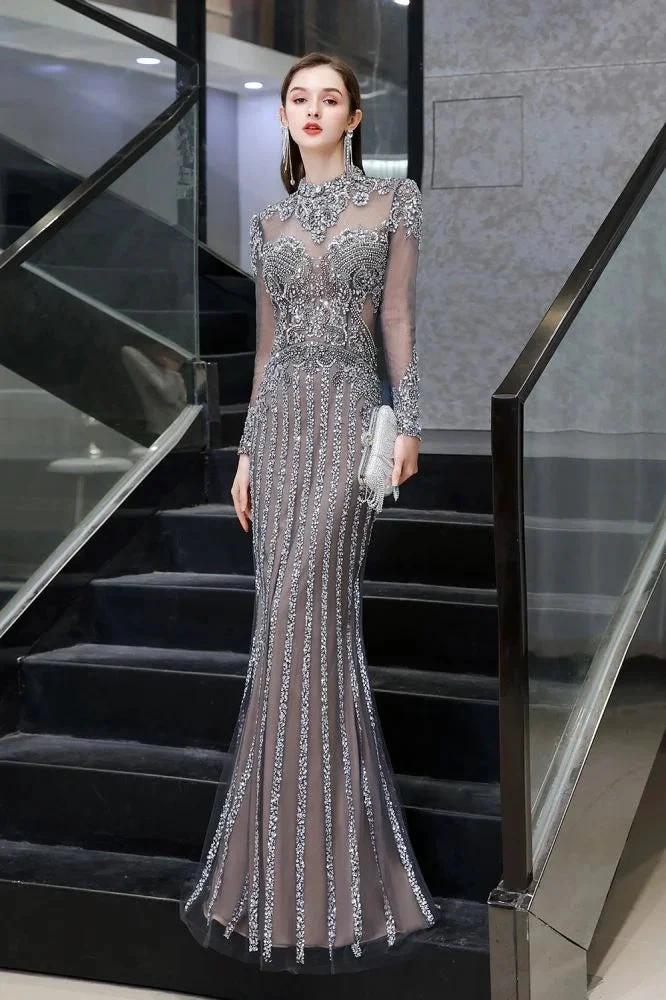 Luxury Sparkly beading High Neck Sheer Tulle Long Prom Dress by misshow.com