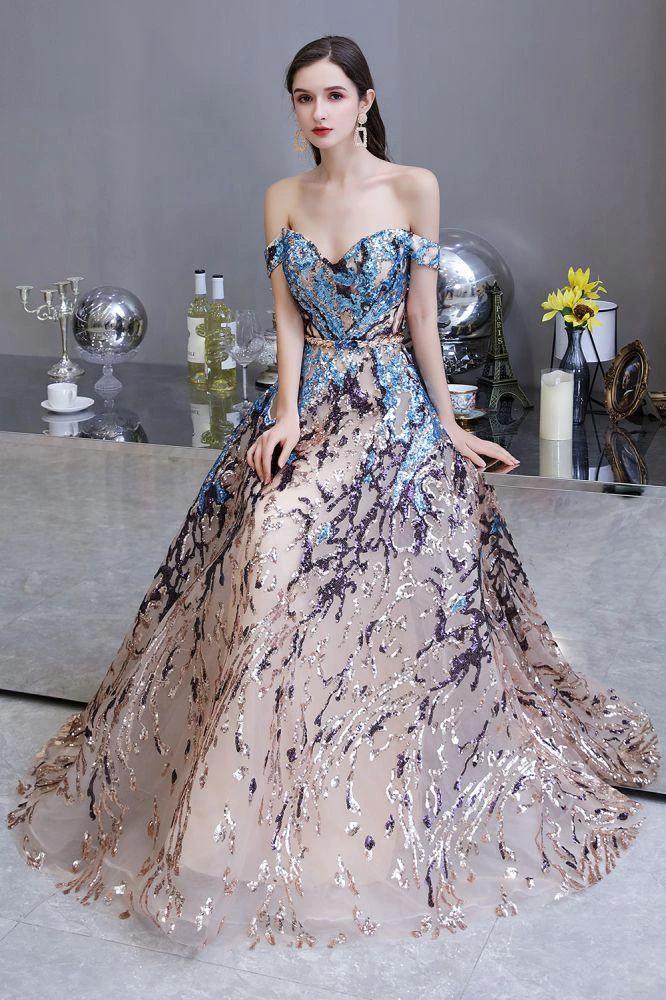 Luxury Sparkly Off-the-Shoulder Sequins Aline Prom Dress Floor Length by misshow.com