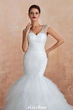 Luxury V-Neck Cap Sleeve Beach Lace up White Bridal Gowns with Sequins by misshow.com