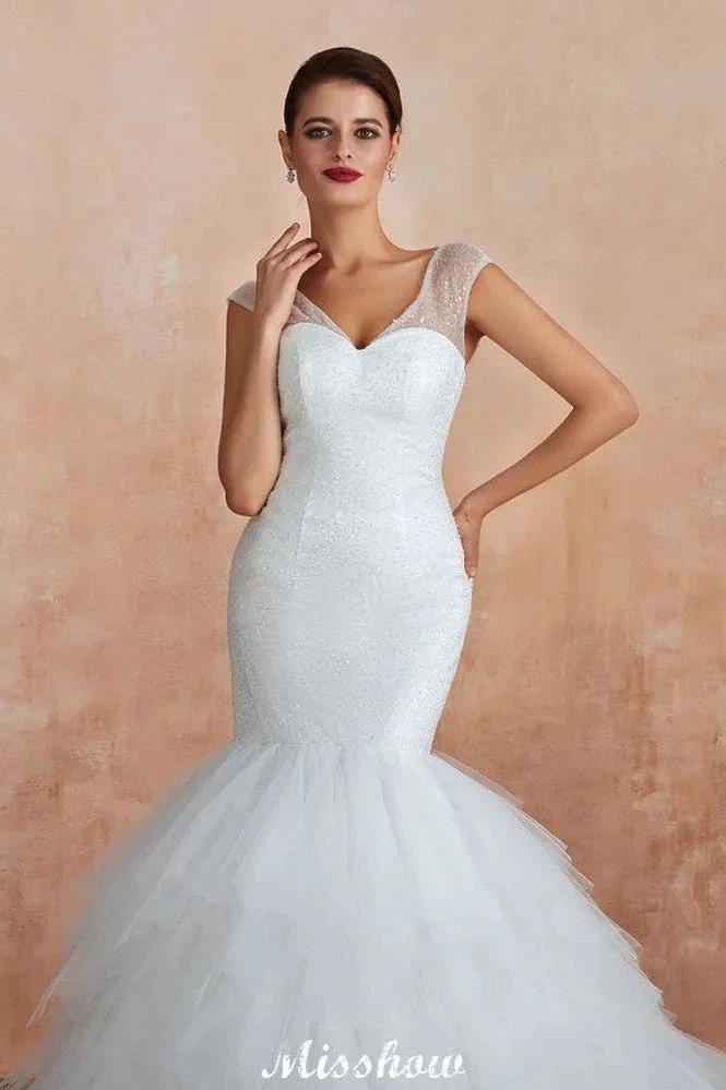 Luxury V-Neck Cap Sleeve Beach Lace up White Bridal Gowns with Sequins by misshow.com
