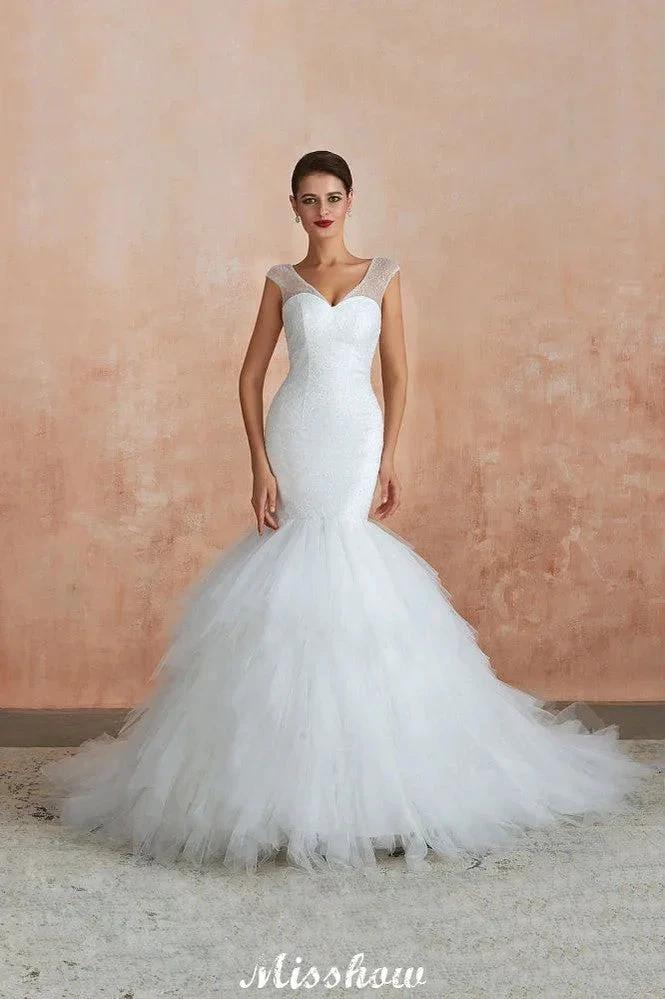 Luxury V-Neck Cap Sleeve Beach Lace up White Bridal Gowns with Sequins by misshow.com